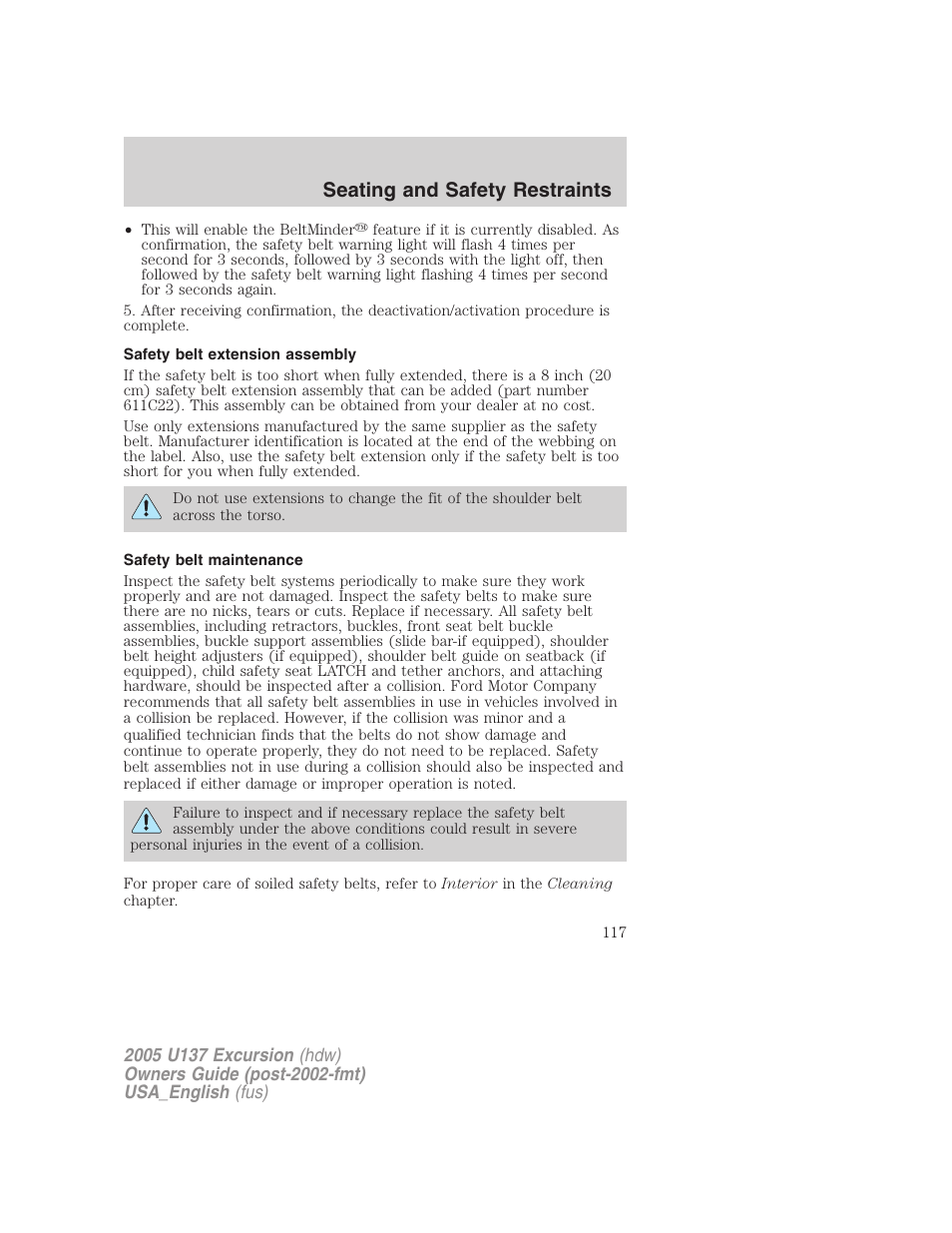 Seating and safety restraints | FORD 2005 Excursion v.2 User Manual | Page 117 / 280