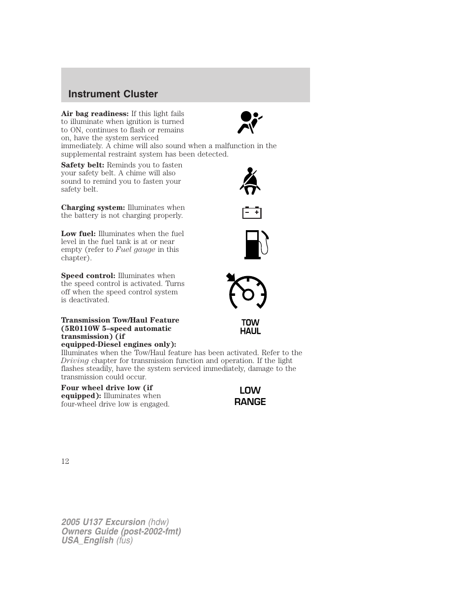 Instrument cluster | FORD 2005 Excursion v.2 User Manual | Page 12 / 280
