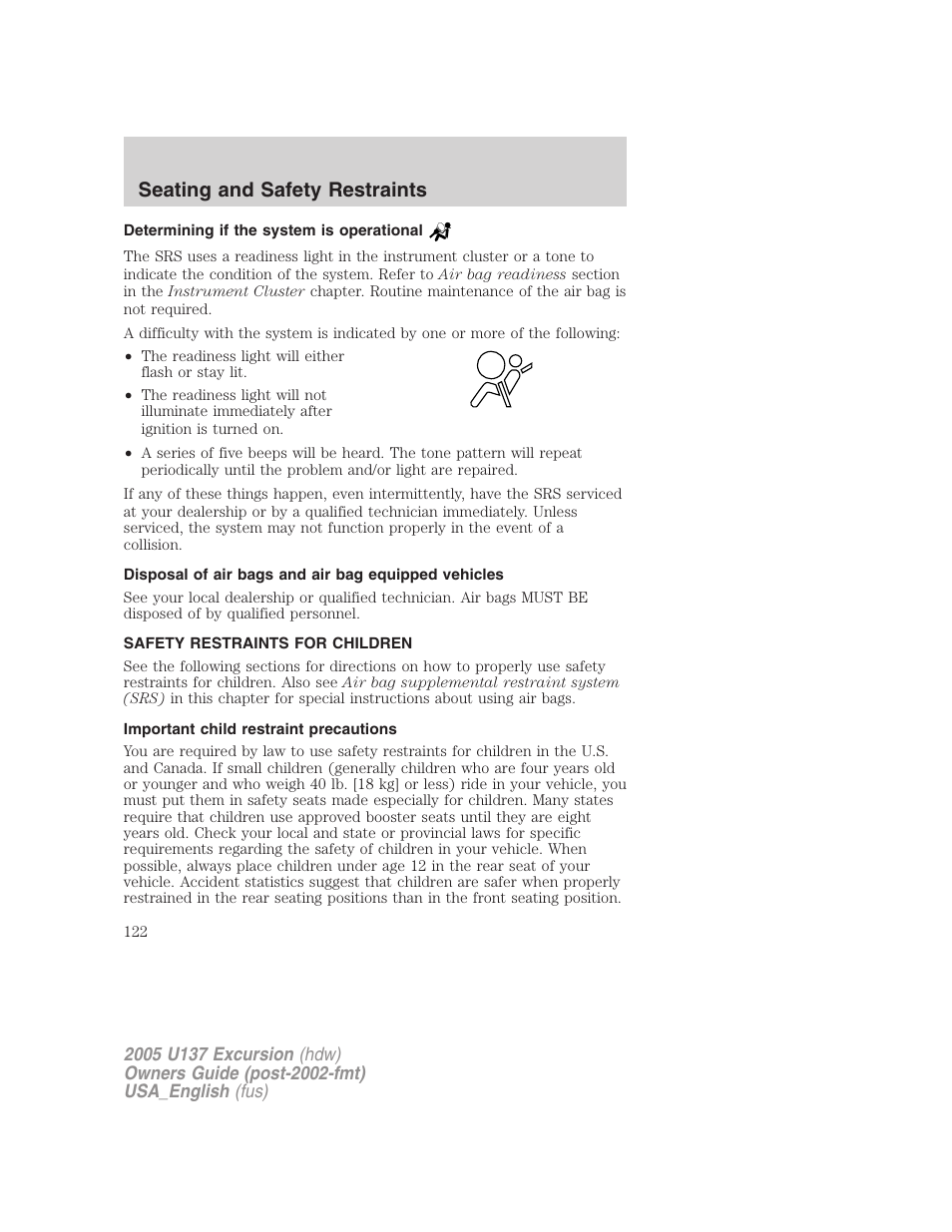Seating and safety restraints | FORD 2005 Excursion v.2 User Manual | Page 122 / 280