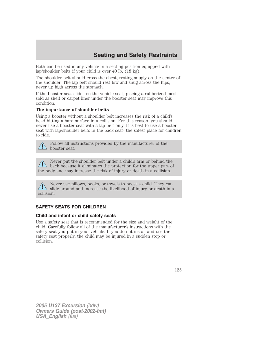 Seating and safety restraints | FORD 2005 Excursion v.2 User Manual | Page 125 / 280