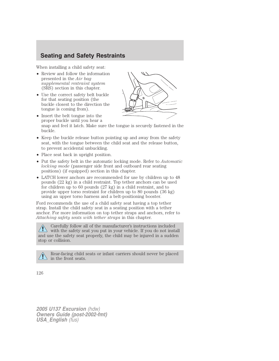 Seating and safety restraints | FORD 2005 Excursion v.2 User Manual | Page 126 / 280