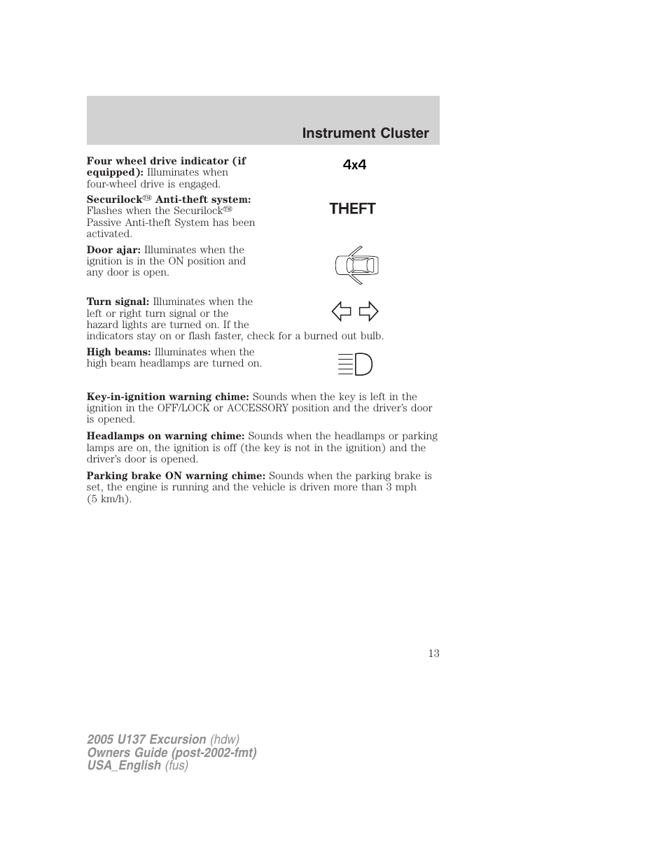 Instrument cluster | FORD 2005 Excursion v.2 User Manual | Page 13 / 280