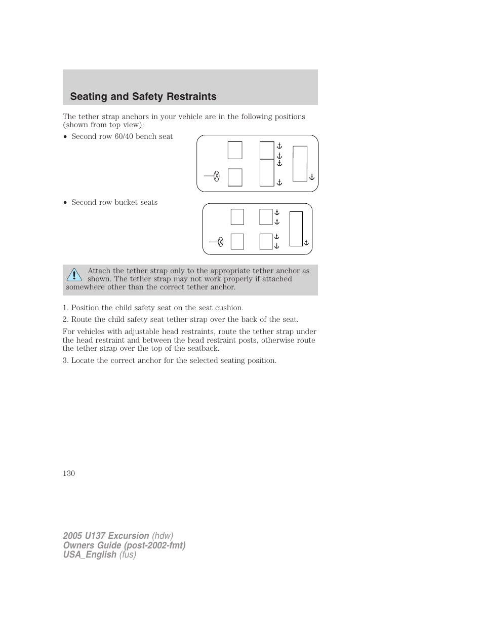 Seating and safety restraints | FORD 2005 Excursion v.2 User Manual | Page 130 / 280