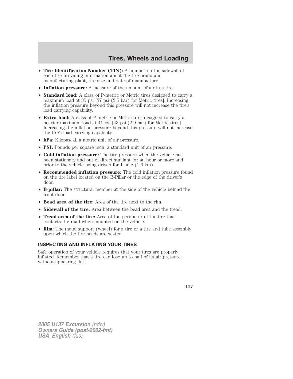 Tires, wheels and loading | FORD 2005 Excursion v.2 User Manual | Page 137 / 280