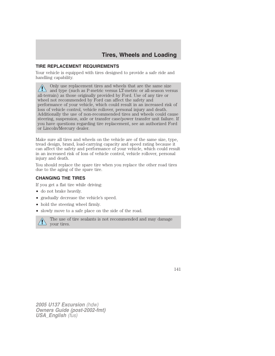 Tires, wheels and loading | FORD 2005 Excursion v.2 User Manual | Page 141 / 280