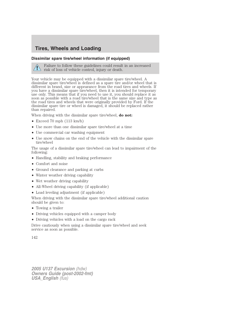 Tires, wheels and loading | FORD 2005 Excursion v.2 User Manual | Page 142 / 280