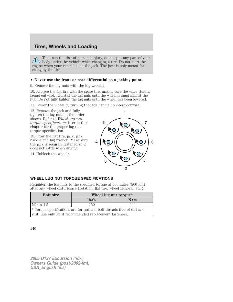 Tires, wheels and loading | FORD 2005 Excursion v.2 User Manual | Page 146 / 280