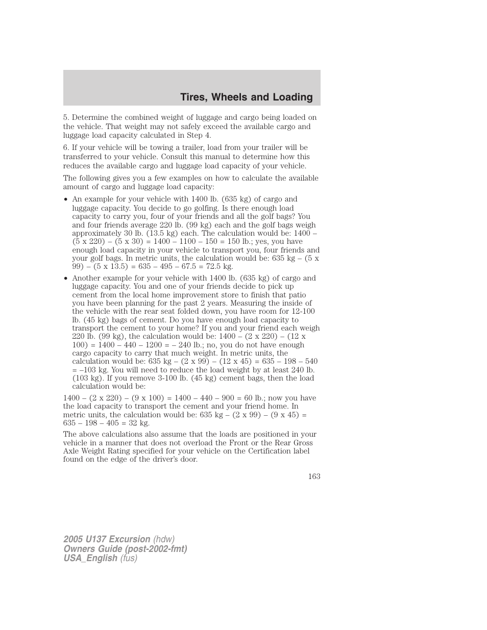 Tires, wheels and loading | FORD 2005 Excursion v.2 User Manual | Page 163 / 280