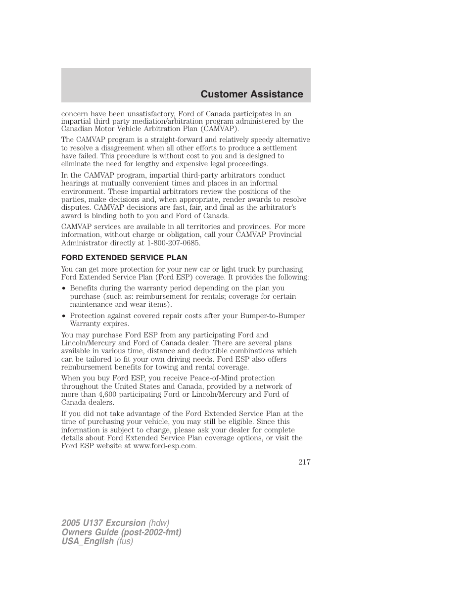 Customer assistance | FORD 2005 Excursion v.2 User Manual | Page 217 / 280