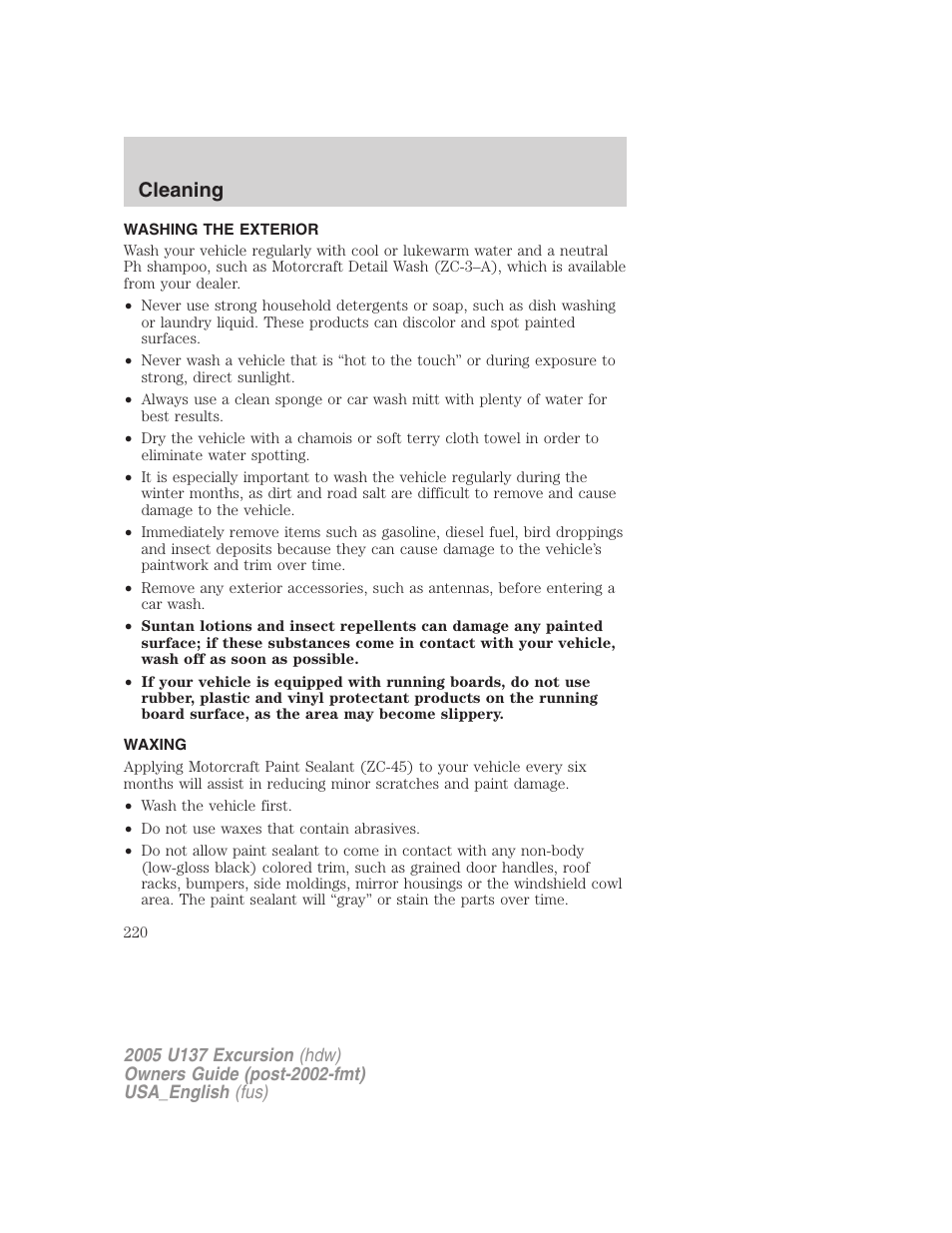 Cleaning | FORD 2005 Excursion v.2 User Manual | Page 220 / 280