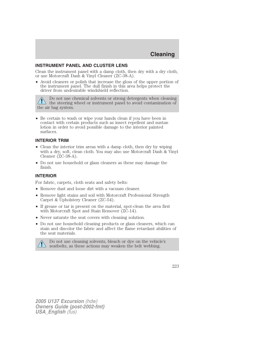 Cleaning | FORD 2005 Excursion v.2 User Manual | Page 223 / 280