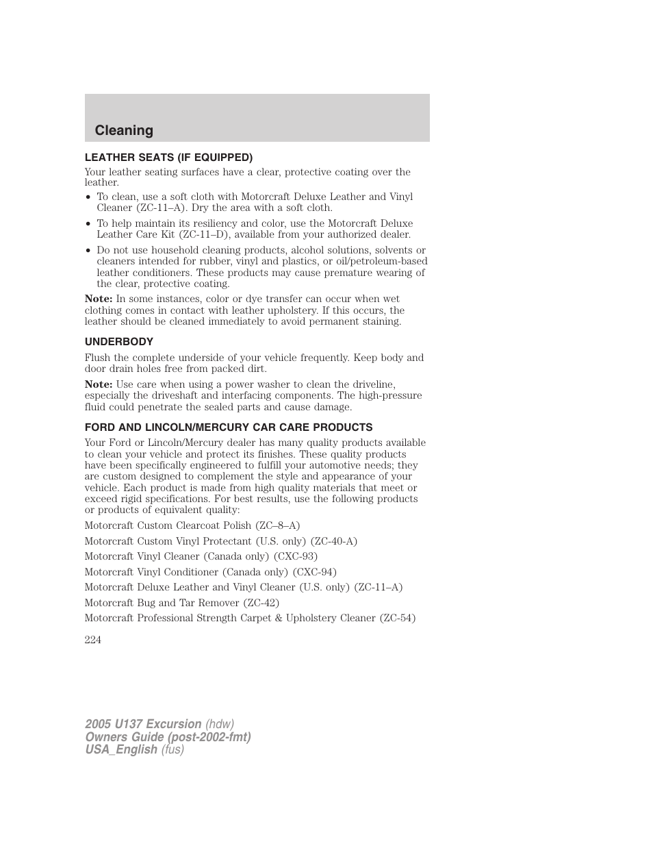 Cleaning | FORD 2005 Excursion v.2 User Manual | Page 224 / 280