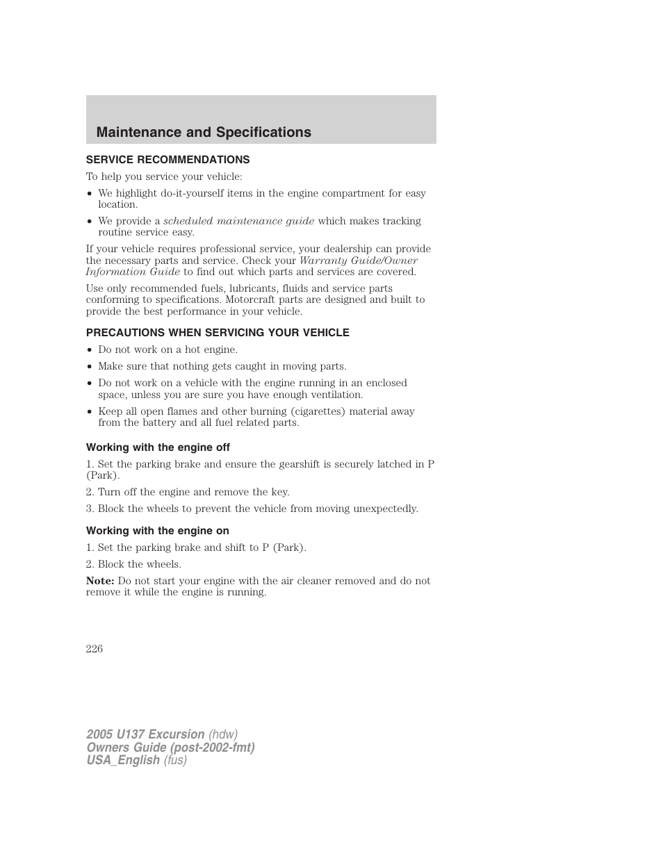 Maintenance and specifications | FORD 2005 Excursion v.2 User Manual | Page 226 / 280