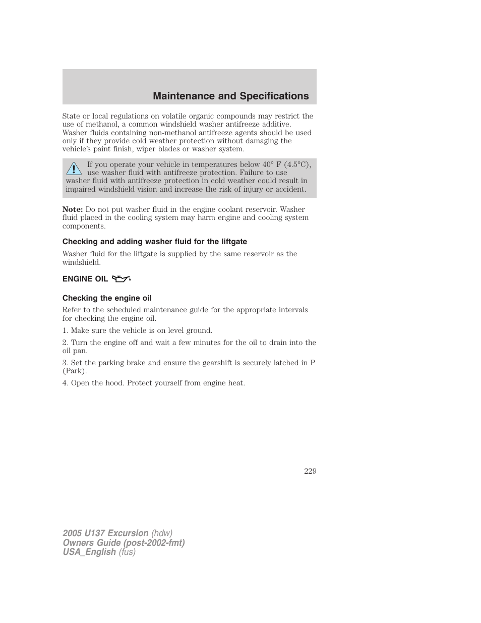 Maintenance and specifications | FORD 2005 Excursion v.2 User Manual | Page 229 / 280