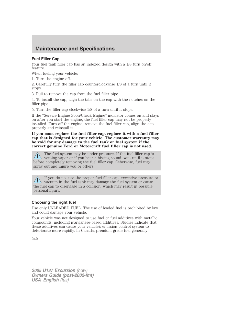 Maintenance and specifications | FORD 2005 Excursion v.2 User Manual | Page 242 / 280