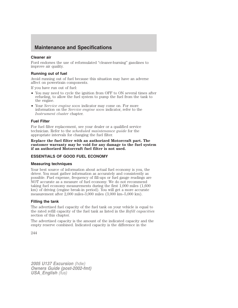 Maintenance and specifications | FORD 2005 Excursion v.2 User Manual | Page 244 / 280