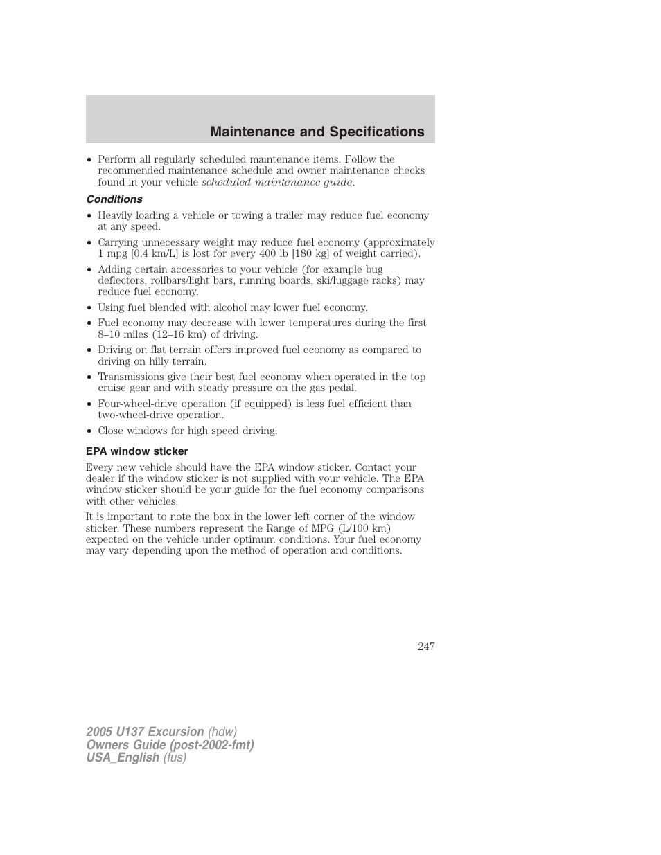 Maintenance and specifications | FORD 2005 Excursion v.2 User Manual | Page 247 / 280