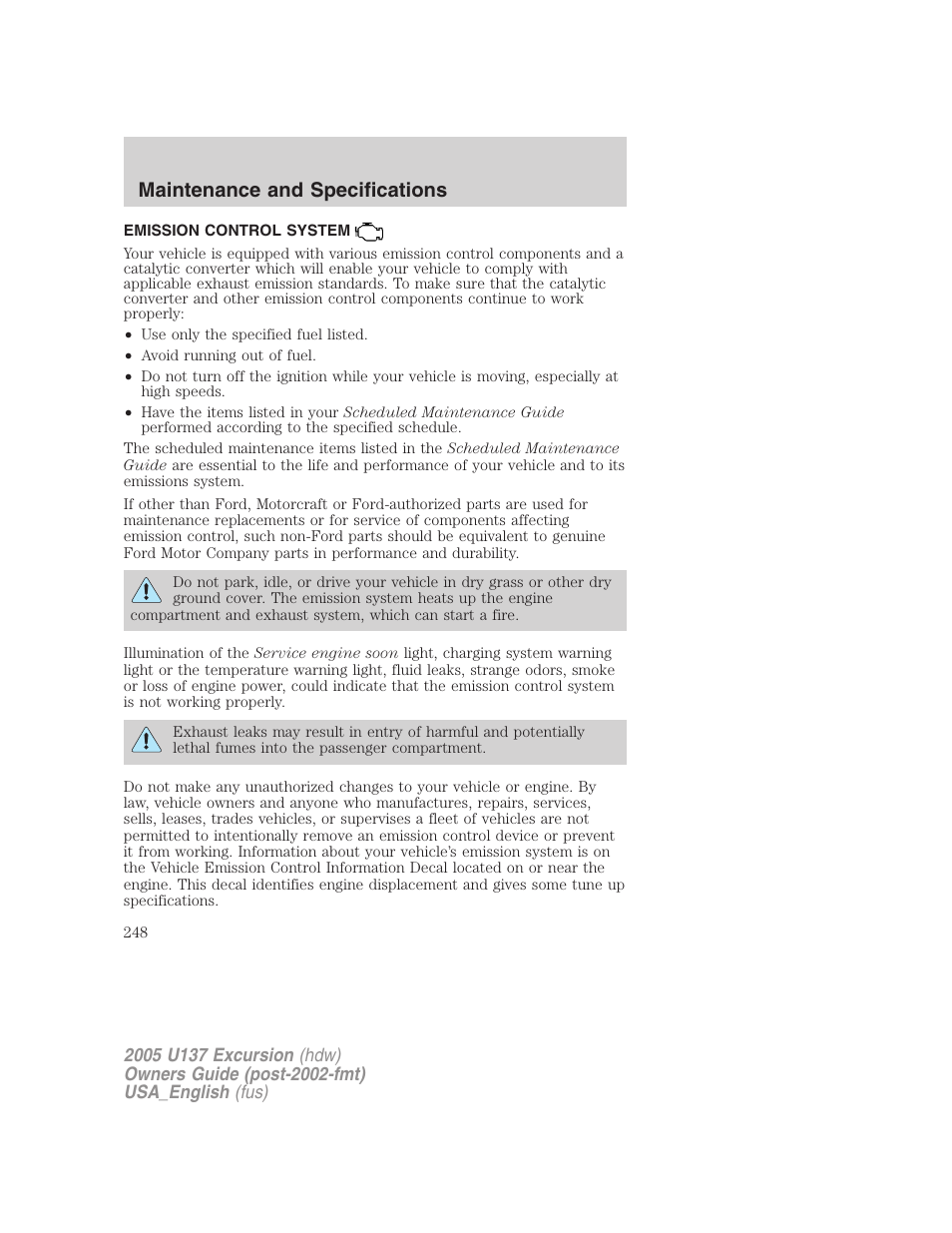 Maintenance and specifications | FORD 2005 Excursion v.2 User Manual | Page 248 / 280