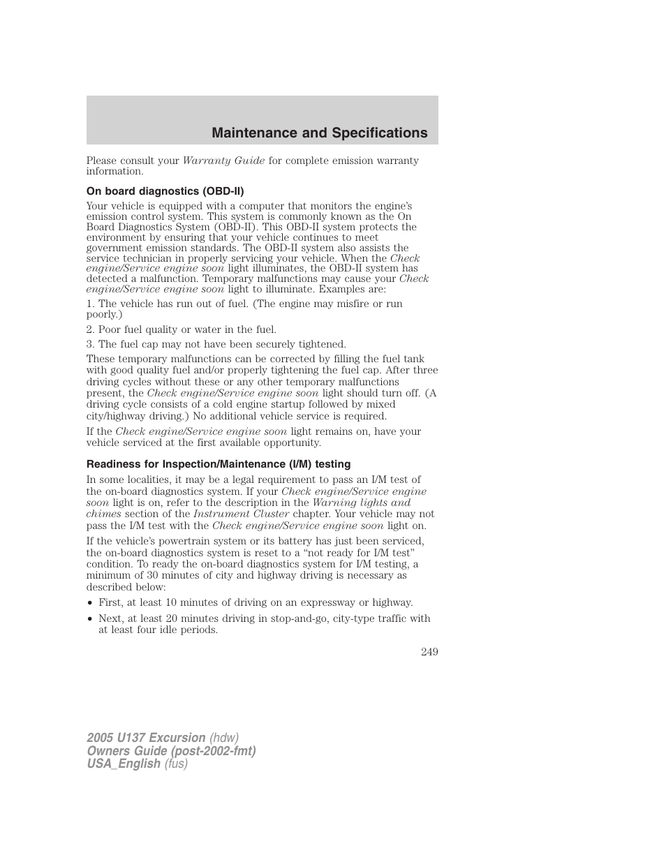 Maintenance and specifications | FORD 2005 Excursion v.2 User Manual | Page 249 / 280