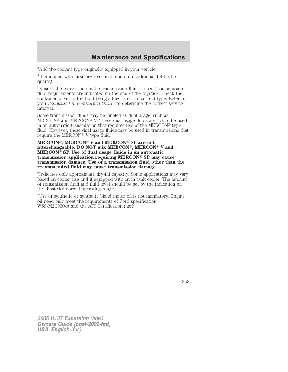 Maintenance and specifications | FORD 2005 Excursion v.2 User Manual | Page 259 / 280