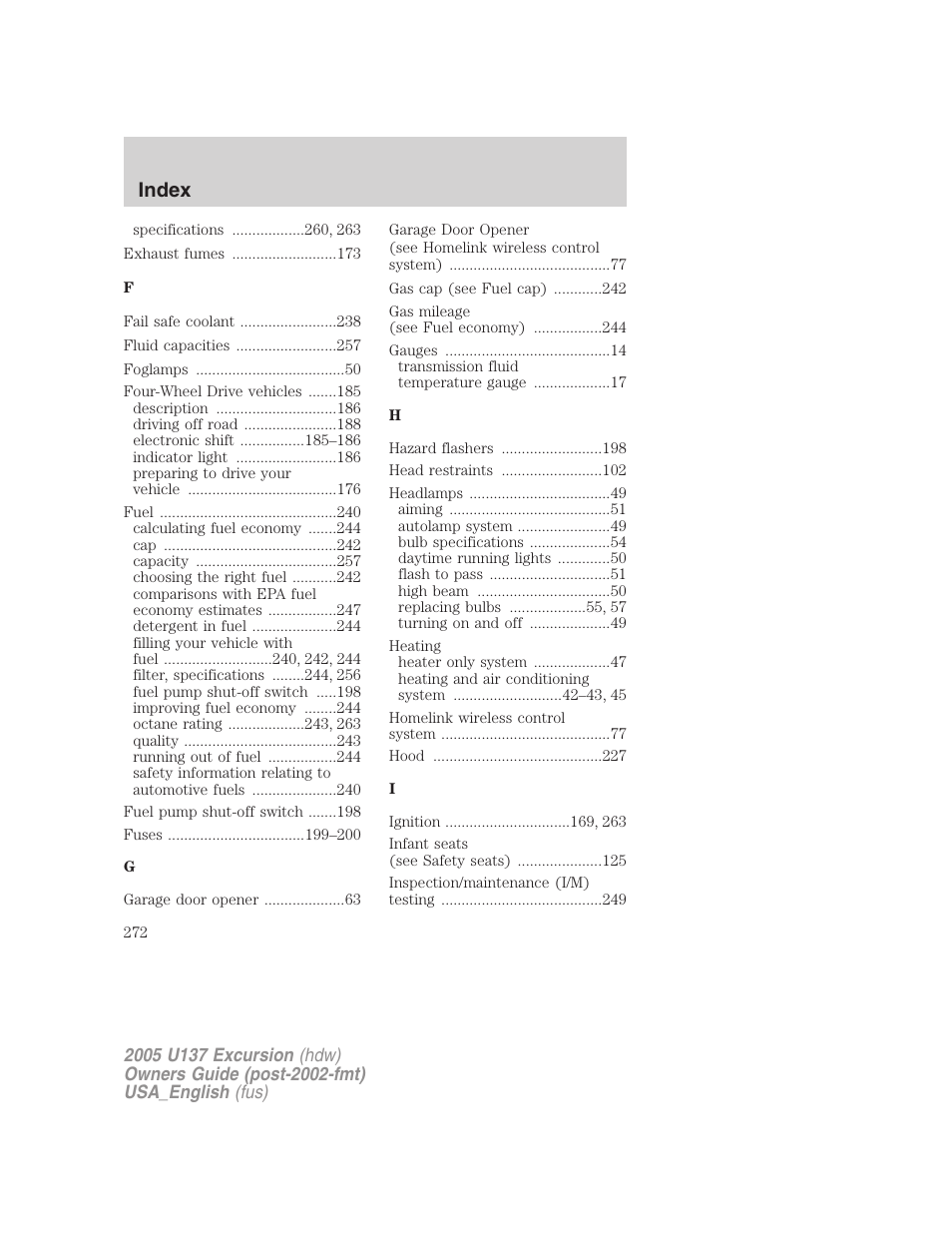 Index | FORD 2005 Excursion v.2 User Manual | Page 272 / 280