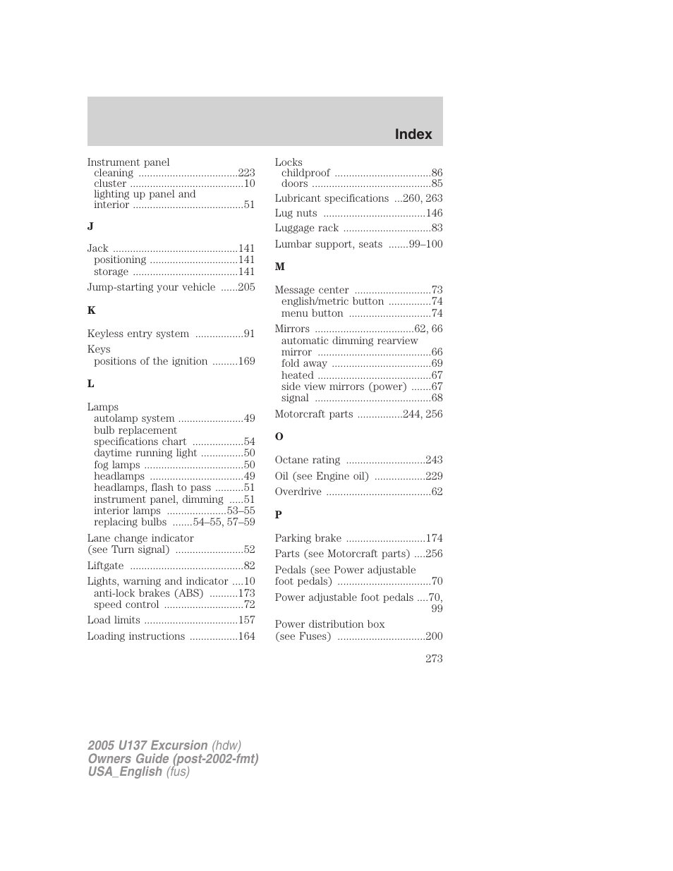 Index | FORD 2005 Excursion v.2 User Manual | Page 273 / 280