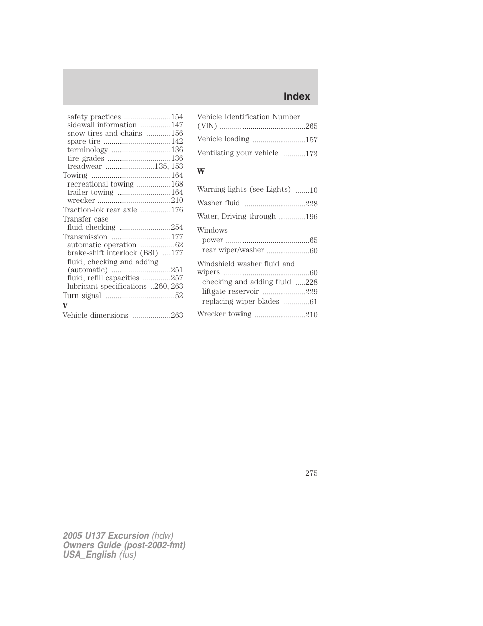 Index | FORD 2005 Excursion v.2 User Manual | Page 275 / 280