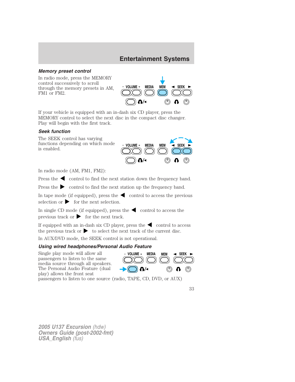 Entertainment systems | FORD 2005 Excursion v.2 User Manual | Page 33 / 280