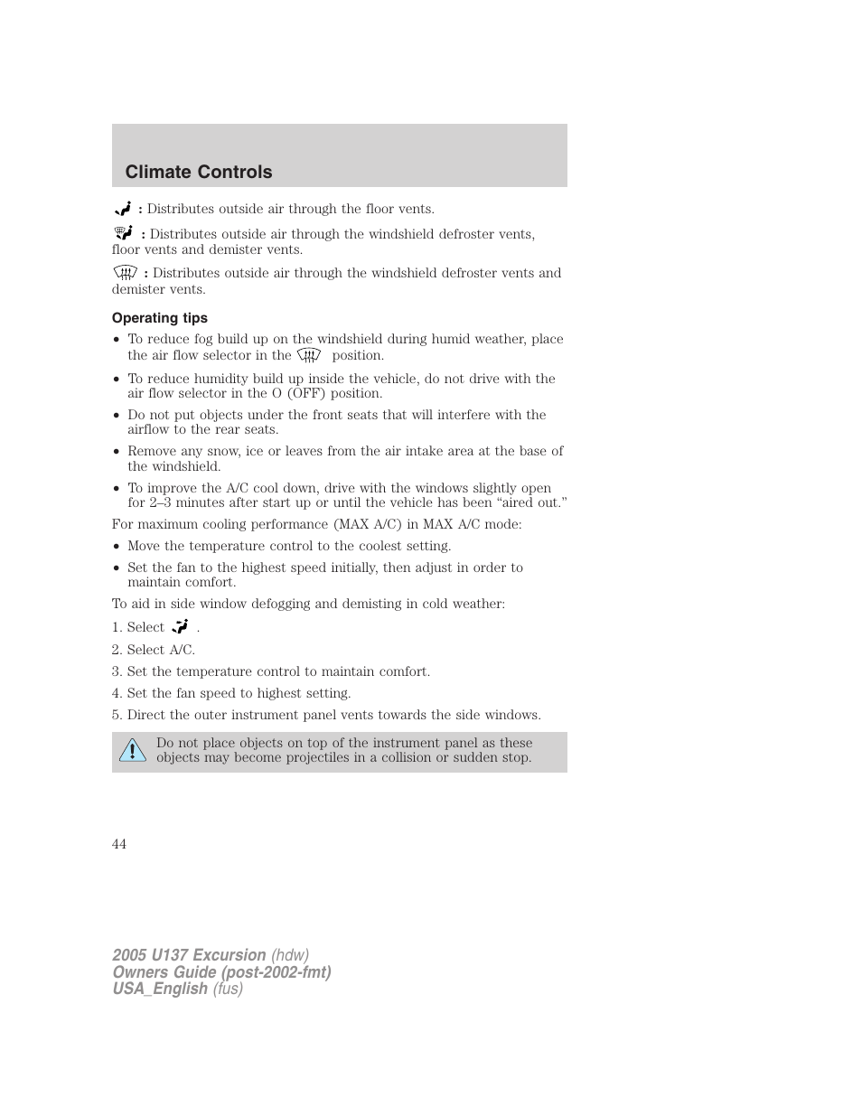 Climate controls | FORD 2005 Excursion v.2 User Manual | Page 44 / 280