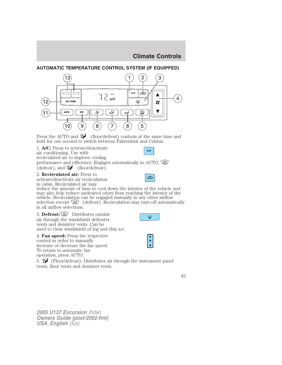 Climate controls | FORD 2005 Excursion v.2 User Manual | Page 45 / 280