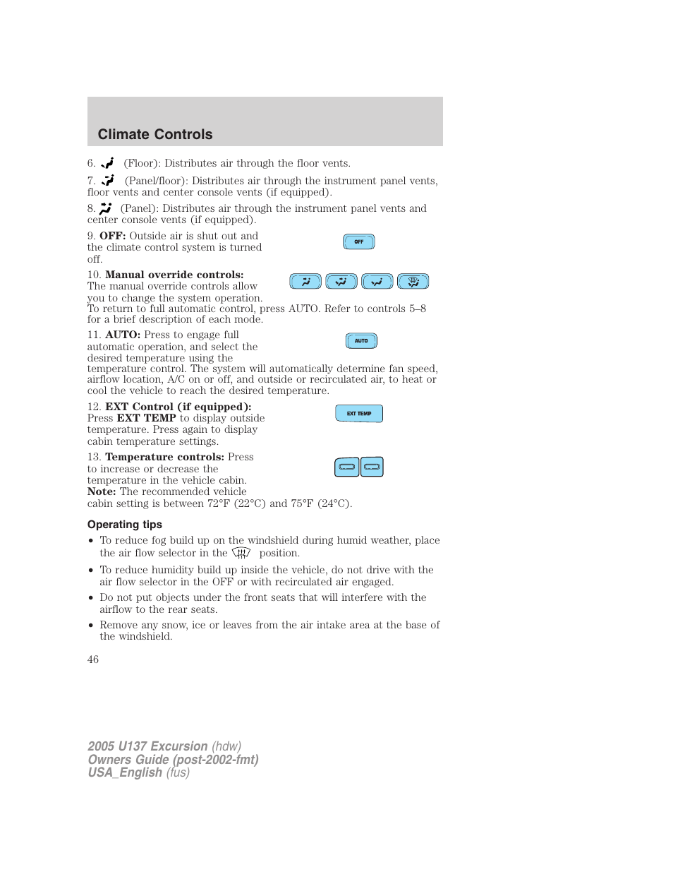 Climate controls | FORD 2005 Excursion v.2 User Manual | Page 46 / 280