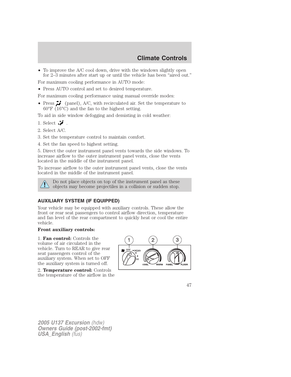 Climate controls | FORD 2005 Excursion v.2 User Manual | Page 47 / 280