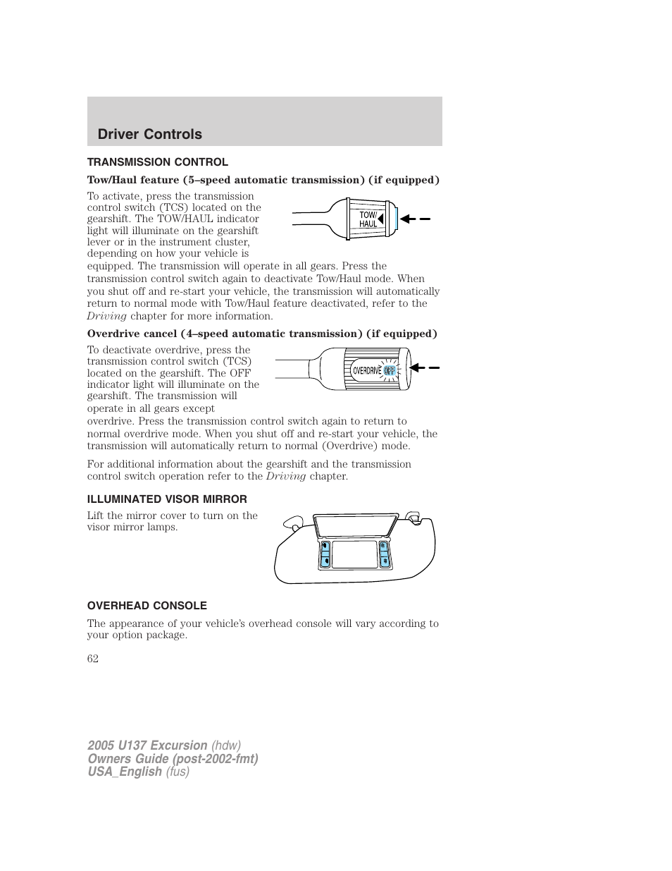 Driver controls | FORD 2005 Excursion v.2 User Manual | Page 62 / 280