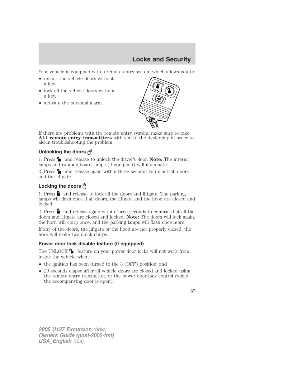 Locks and security | FORD 2005 Excursion v.2 User Manual | Page 87 / 280