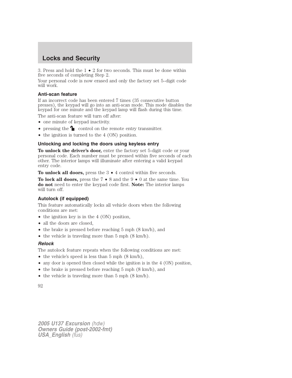 Locks and security | FORD 2005 Excursion v.2 User Manual | Page 92 / 280