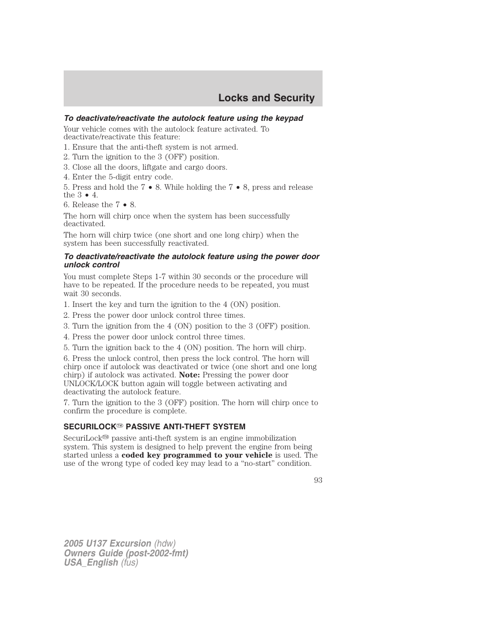 Locks and security | FORD 2005 Excursion v.2 User Manual | Page 93 / 280