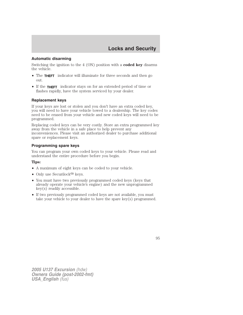 Locks and security | FORD 2005 Excursion v.2 User Manual | Page 95 / 280