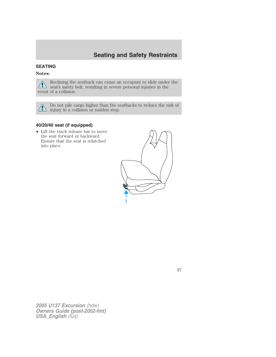 Seating and safety restraints | FORD 2005 Excursion v.2 User Manual | Page 97 / 280