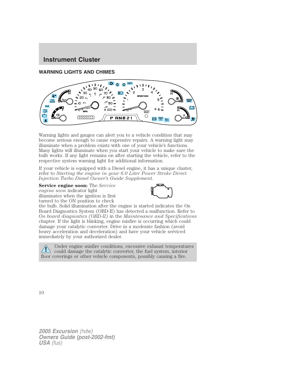 Instrument cluster, Warning lights and chimes, Warning and control lights | FORD 2005 Excursion v.3 User Manual | Page 10 / 280