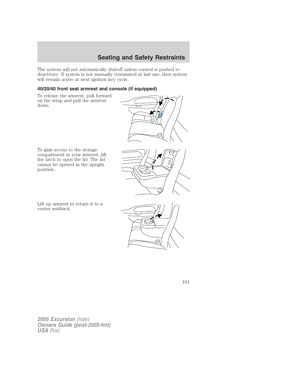 Seating and safety restraints | FORD 2005 Excursion v.3 User Manual | Page 101 / 280