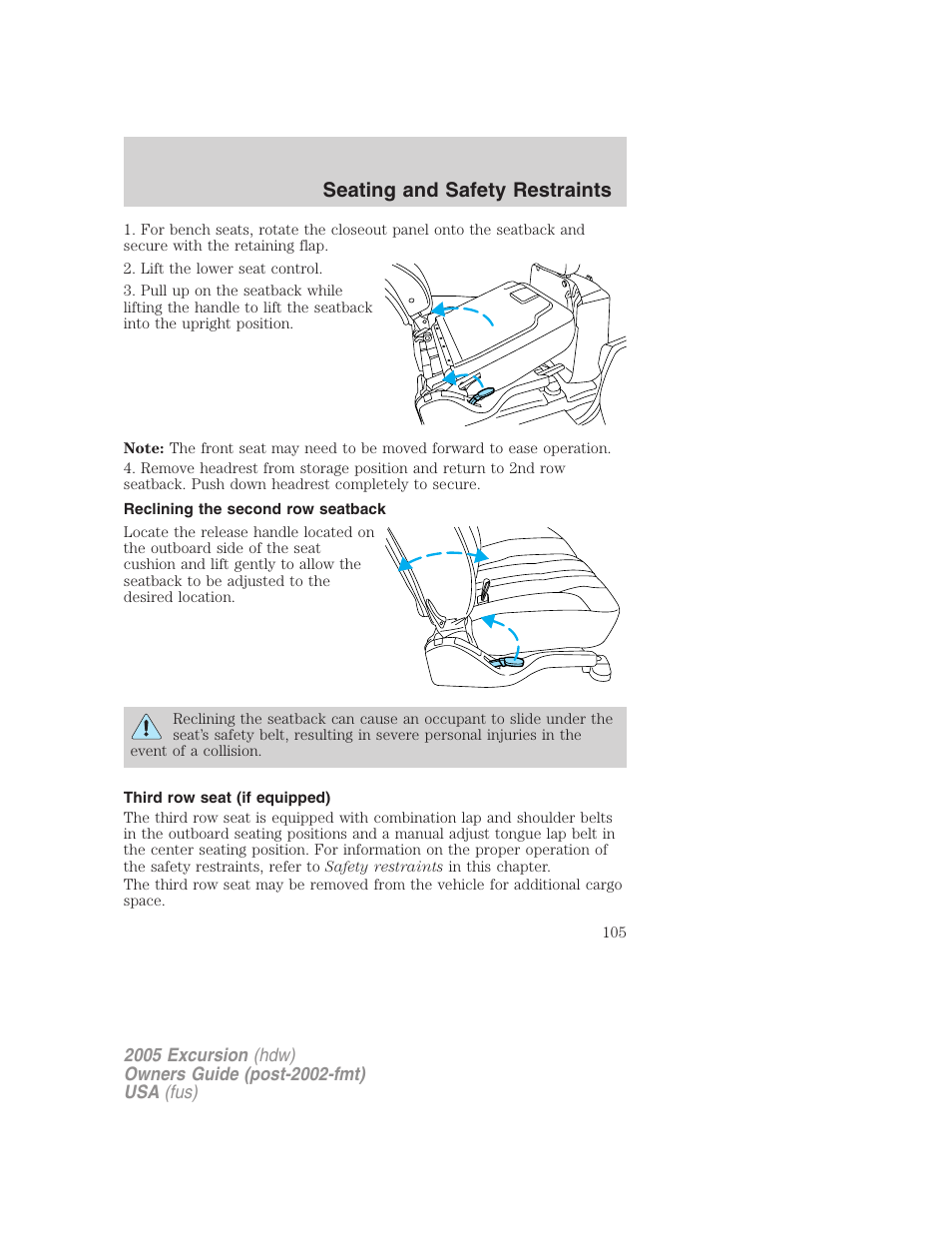 Reclining the second row seatback, Third row seat (if equipped), Seating and safety restraints | FORD 2005 Excursion v.3 User Manual | Page 105 / 280