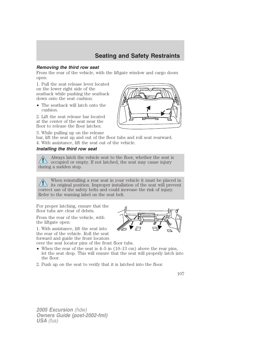 Removing the third row seat, Installing the third row seat, Seating and safety restraints | FORD 2005 Excursion v.3 User Manual | Page 107 / 280