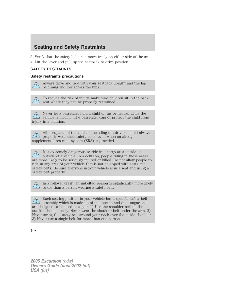 Safety restraints, Safety restraints precautions, Seating and safety restraints | FORD 2005 Excursion v.3 User Manual | Page 108 / 280