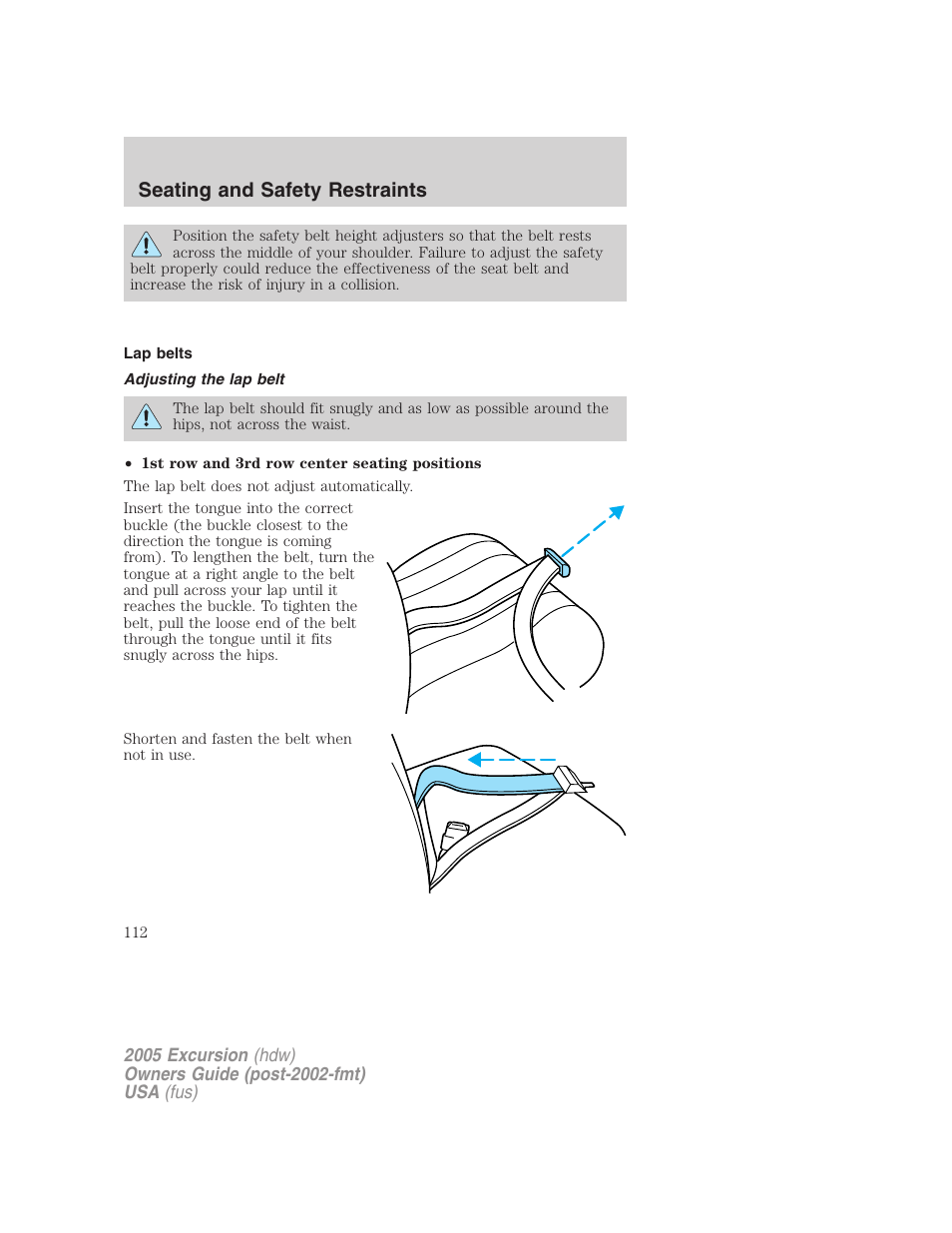 Lap belts, Adjusting the lap belt, Seating and safety restraints | FORD 2005 Excursion v.3 User Manual | Page 112 / 280