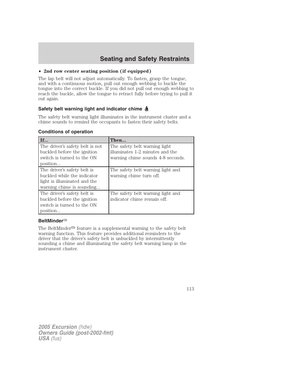 Safety belt warning light and indicator chime, Conditions of operation, Beltminder | Seating and safety restraints | FORD 2005 Excursion v.3 User Manual | Page 113 / 280