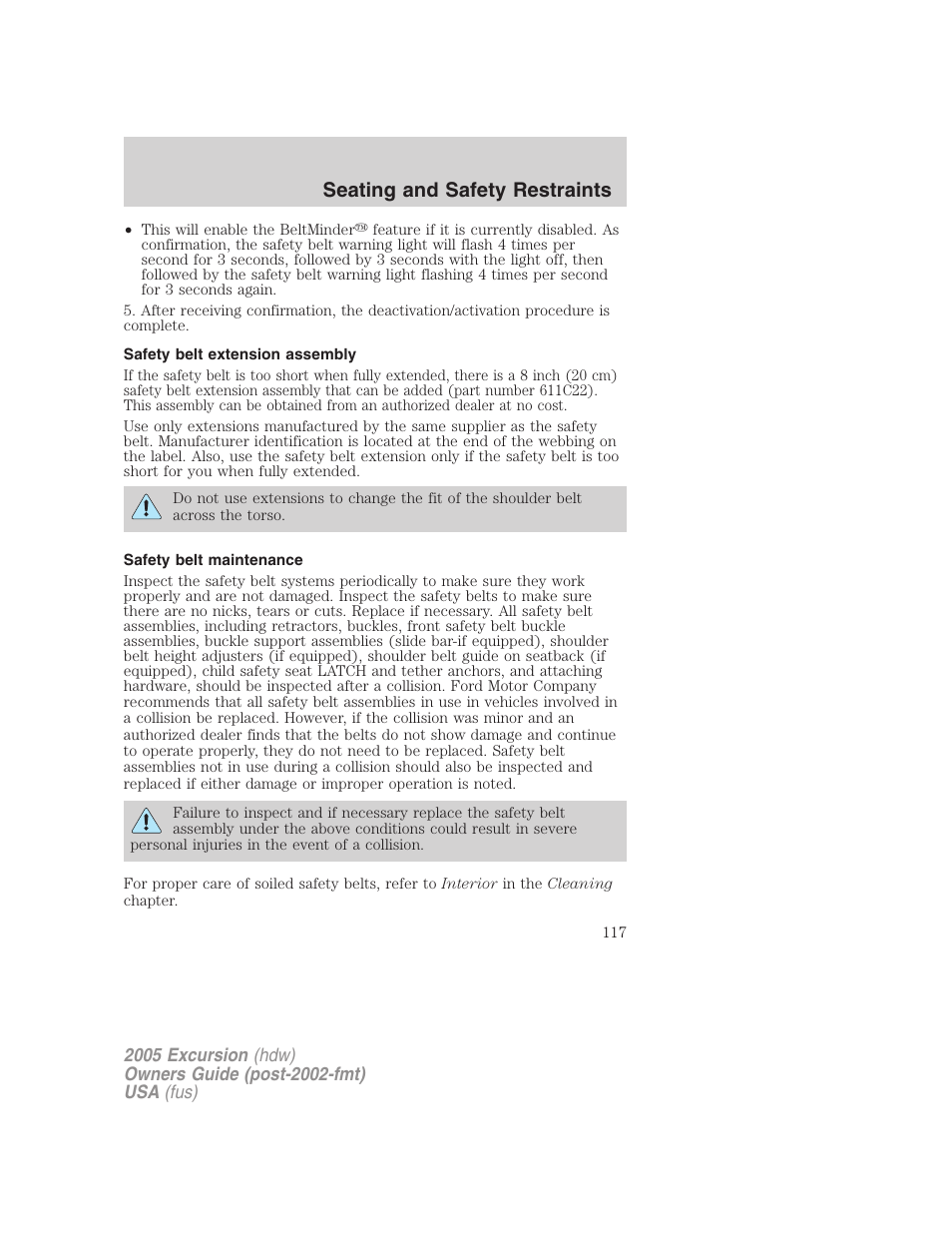 Safety belt extension assembly, Safety belt maintenance, Seating and safety restraints | FORD 2005 Excursion v.3 User Manual | Page 117 / 280