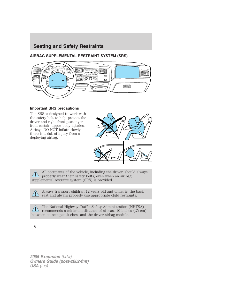 Airbag supplemental restraint system (srs), Important srs precautions, Airbags | Seating and safety restraints | FORD 2005 Excursion v.3 User Manual | Page 118 / 280