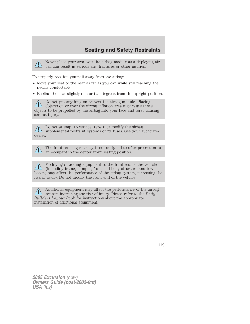 Seating and safety restraints | FORD 2005 Excursion v.3 User Manual | Page 119 / 280