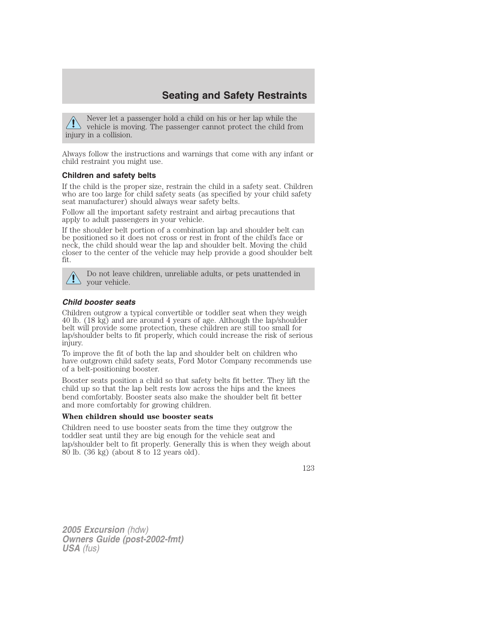 Children and safety belts, Child booster seats, Seating and safety restraints | FORD 2005 Excursion v.3 User Manual | Page 123 / 280