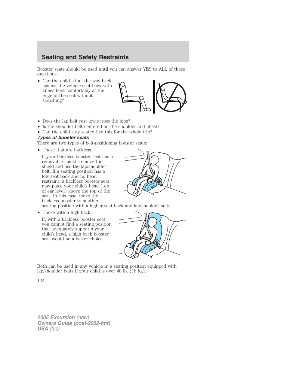 Types of booster seats, Seating and safety restraints | FORD 2005 Excursion v.3 User Manual | Page 124 / 280